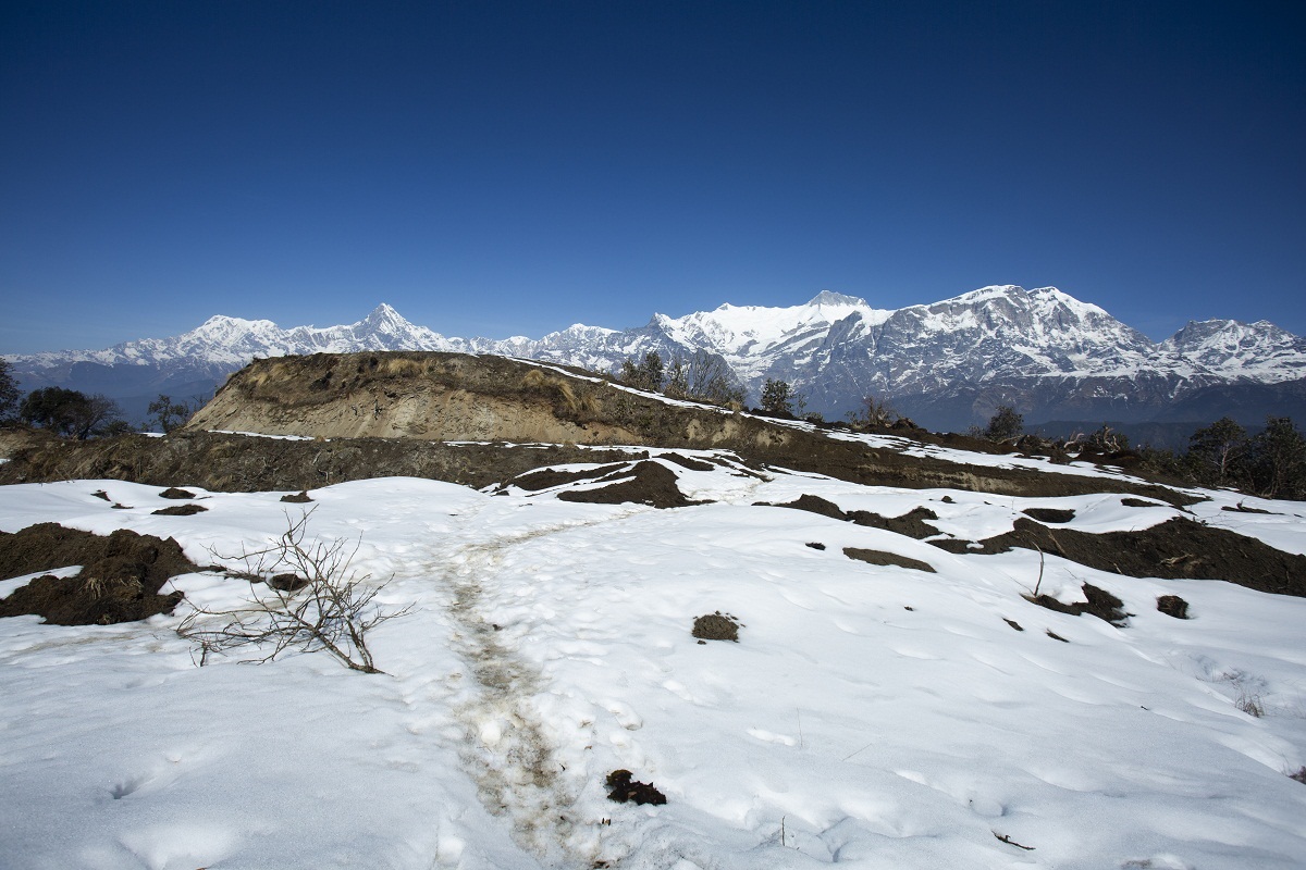 पोखरा नजिकैको क्रपुडाँडामा परेको हिउँ। तस्बिर: मुनाल फिल्मस्। 