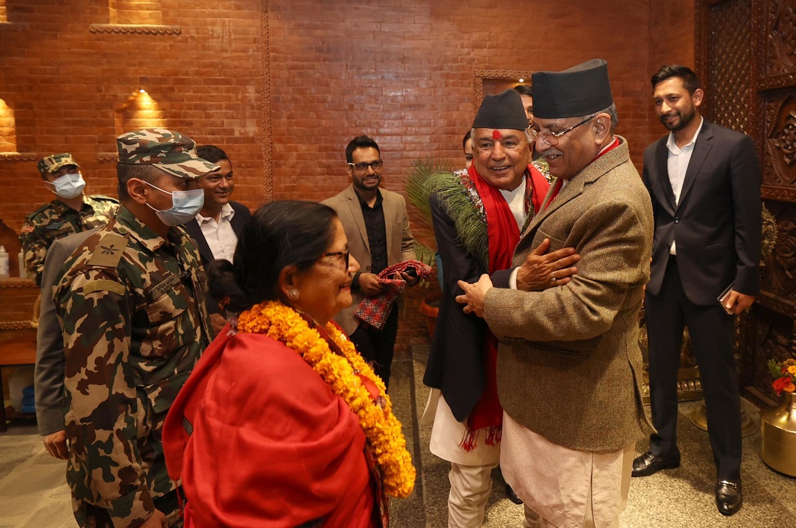 नेपाली कांग्रेसका वरिष्ठ नेता रामचन्द्र पौडेल नेपालका तेस्रो राष्ट्रपति निर्वाचित भएपछि। तस्बिर: नवीनबाबु गुरूङ/सेतोपाटी