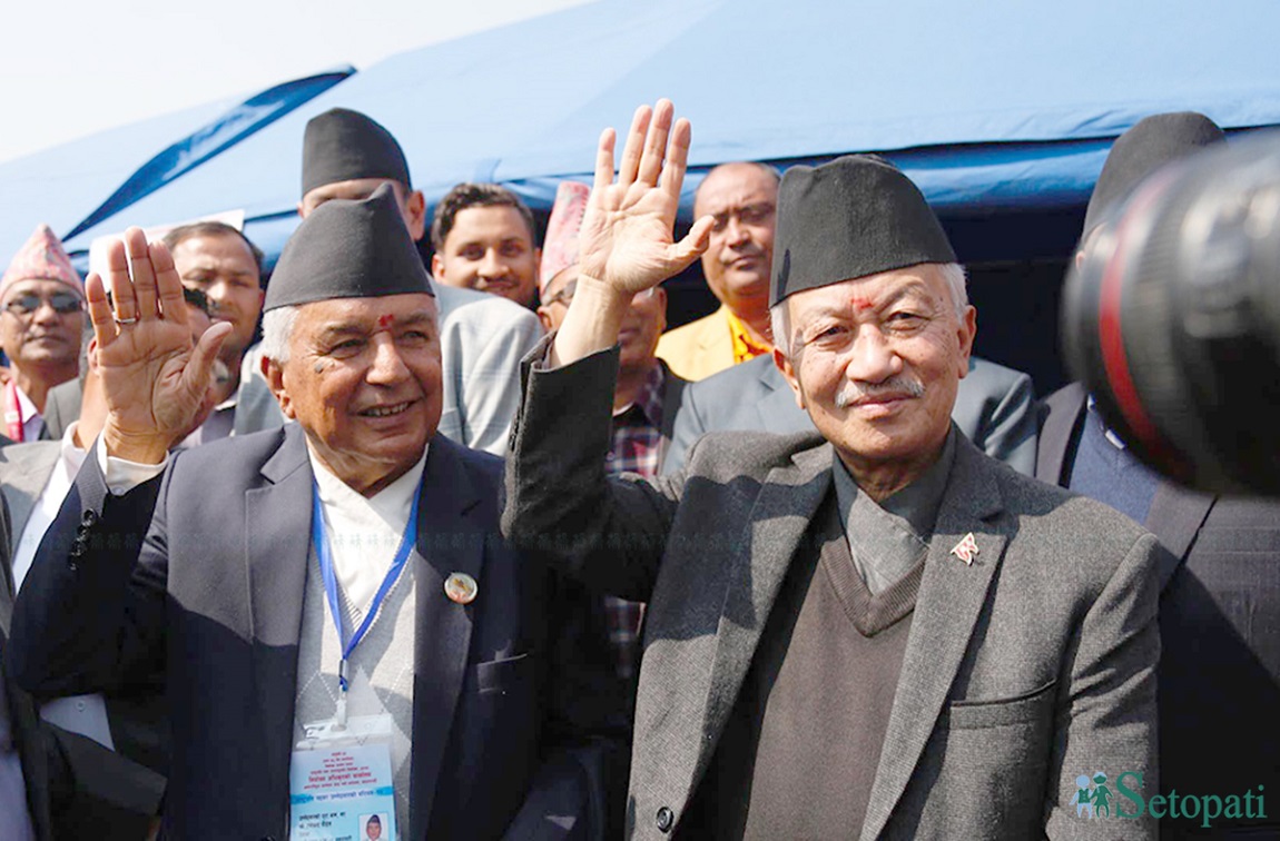 नेपाली कांग्रेसका वरिष्ठ नेता रामचन्द्र पौडेल नेपालका तेस्रो राष्ट्रपति निर्वाचित भएपछि। तस्बिर: नवीनबाबु गुरूङ/सेतोपाटी