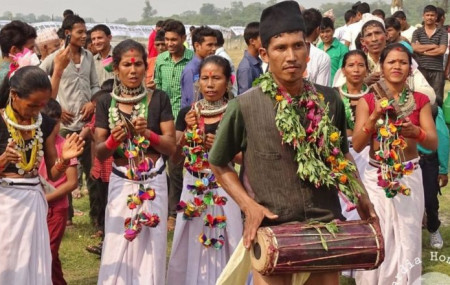 सुर्खेतका थारू समुदाय परम्परागत पोशाकमा। तस्बिरः सेतोपाटी