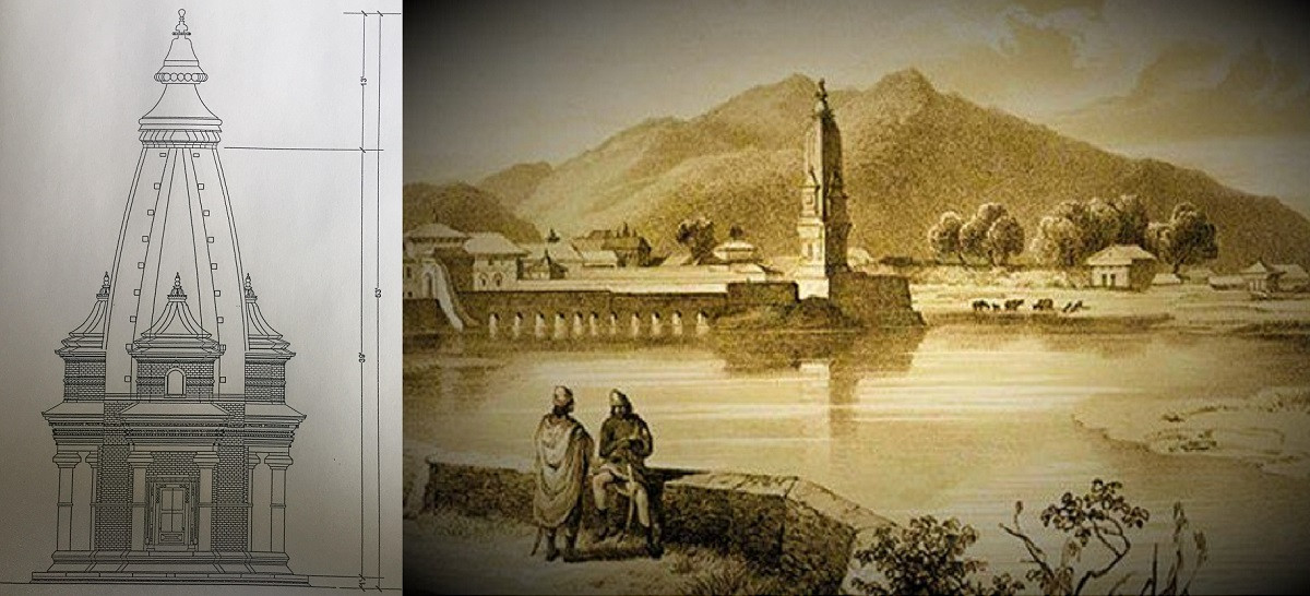 राष्ट्रिय पुनर्निर्माण प्राधिकरणले तयार गरेको बालगोपालेश्वर मन्दिरको डिजाइन (बाँया) र मल्लकालीन तस्बिर (दाँया)।