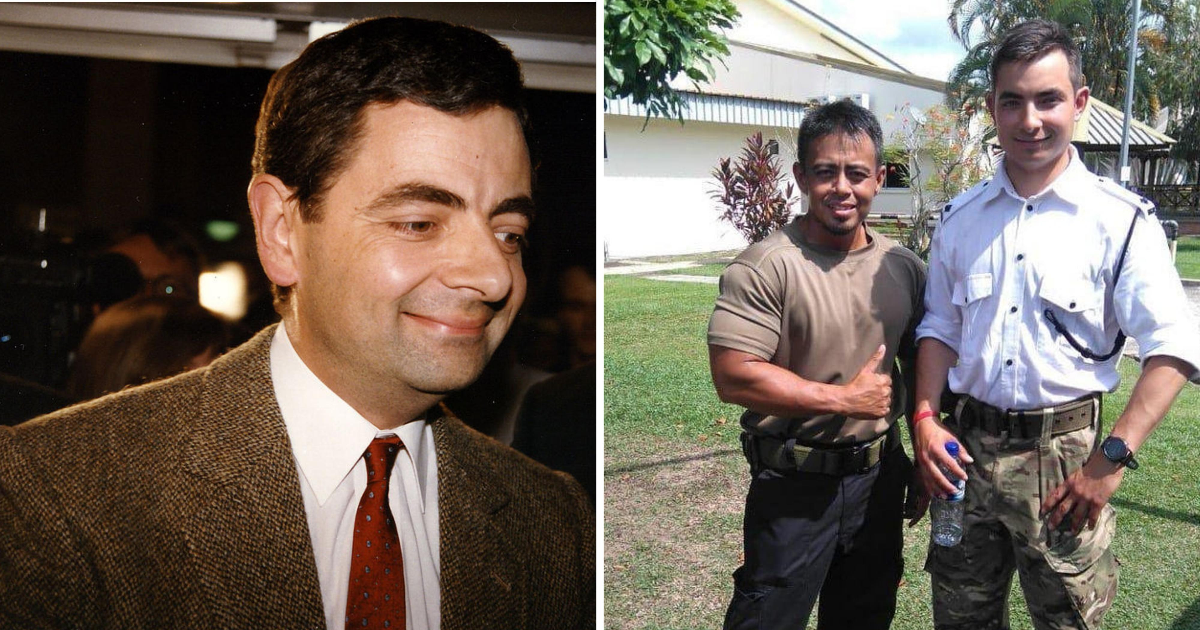 रोवन एटकिन्सन(बायाँ) र उनका छोरा बेन्जामिन आफ्ना सहकर्मीसँग (दायाँ सेतो सेतो ड्रेसमा)