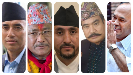 ललितपुर–२ मा एमाले उम्मेदवार प्रेम महर्जन, कांग्रेसका प्रेमकृष्ण महर्जन, रास्वपाका जगदीश खरेल, उनेपाका राजाराम तण्डुकार र नेकपाका राजेन्द्र अमात्य, क्रमशः बायाँबाट।