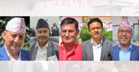 कैलाश ढुंगेल, सानु श्रेष्ठ, केशव पाण्डे, केशरबहादुर बुढाथोकी र कृष्णप्रसाद दाहाल (बायाँबाट क्रमश:)। तस्बिर: निशा भण्डारी