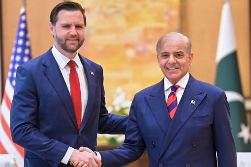 अमेरिकी उपराष्ट्रपति जेडी भान्स र पाकिस्तानी प्रधानमन्त्री शहबाज शरिफ। तस्बिरः रासस/एपी।