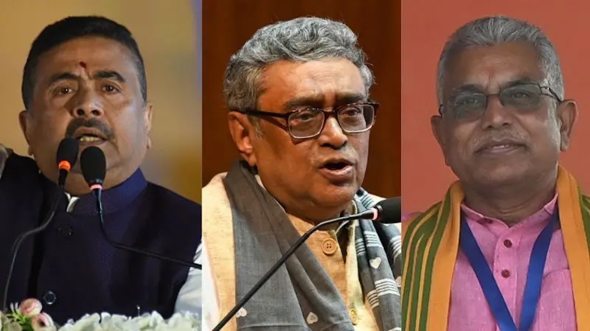 बायाँबाट क्रमश: शुभेन्दु अधिकारी, स्वपन दासगुप्ता और दिलीप घोष। तस्बिर स्रोत: बिबिसी