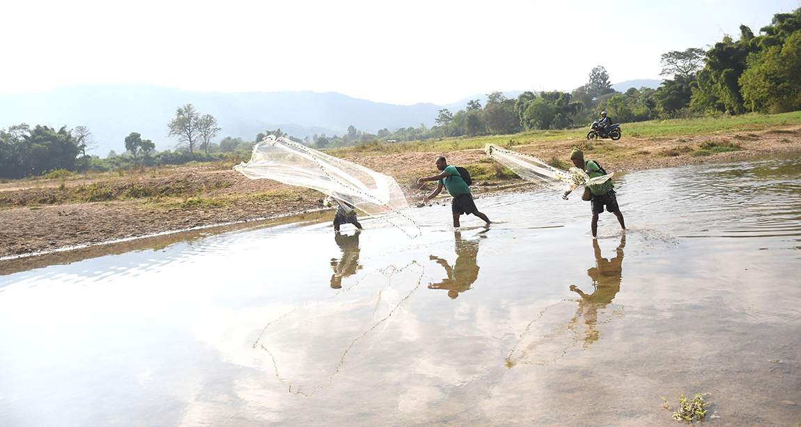 दाङको घोराही उपमहानगरपालिका–६ स्थित बबई नदीमा  माछा मार्न जाल हान्दै झिङौराका स्थानीयवासी। नदीको पानी घटेपछि यस क्षेत्रमा स्थानीयले मार्ने गर्छन्। तस्बिरः कुलदीप न्यौपाने/रासस