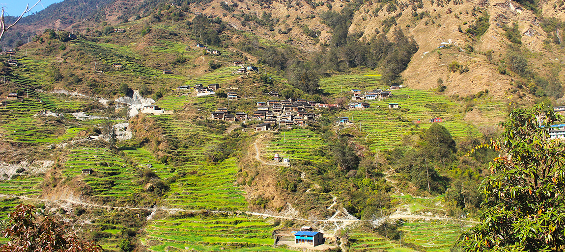 म्याग्दीको धवलागिरी गाउँपालिका–५ स्थित भिरालो पाखोमा रहेको मलम्पार गाउँ । छन्त्याल समुदायको बाहुल्य बसोबास रहेको यस गाउँमा सडकको पहुँच पुगेपछि स्थानीयलाई सहज भएको  छ। तस्बिर: कमल खत्री/रासस