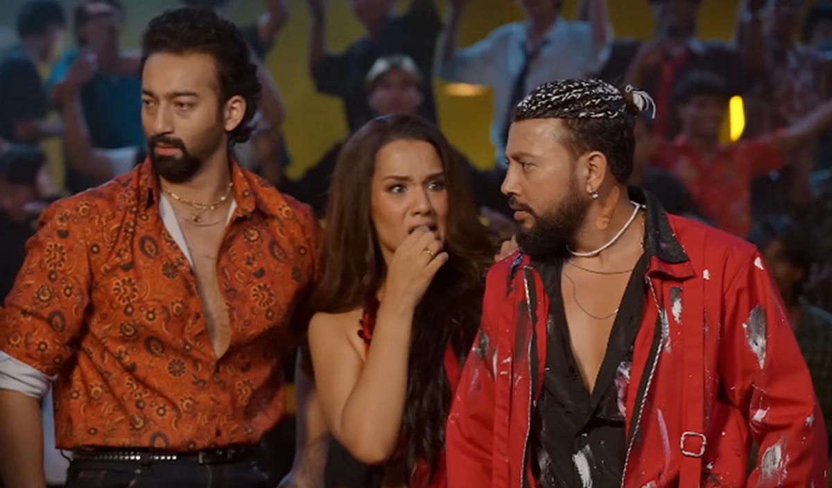 भिडिओको एक दृश्यमा आयुष्मान जोशी, प्रियंका कार्की र दुर्गेश थापा।