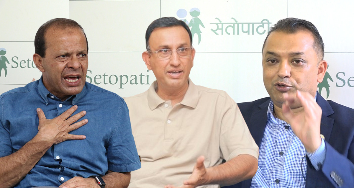 बायाँबाट क्रमश: मिनेन्द्र रिजाल, महेश आचार्य र गगन थापा।