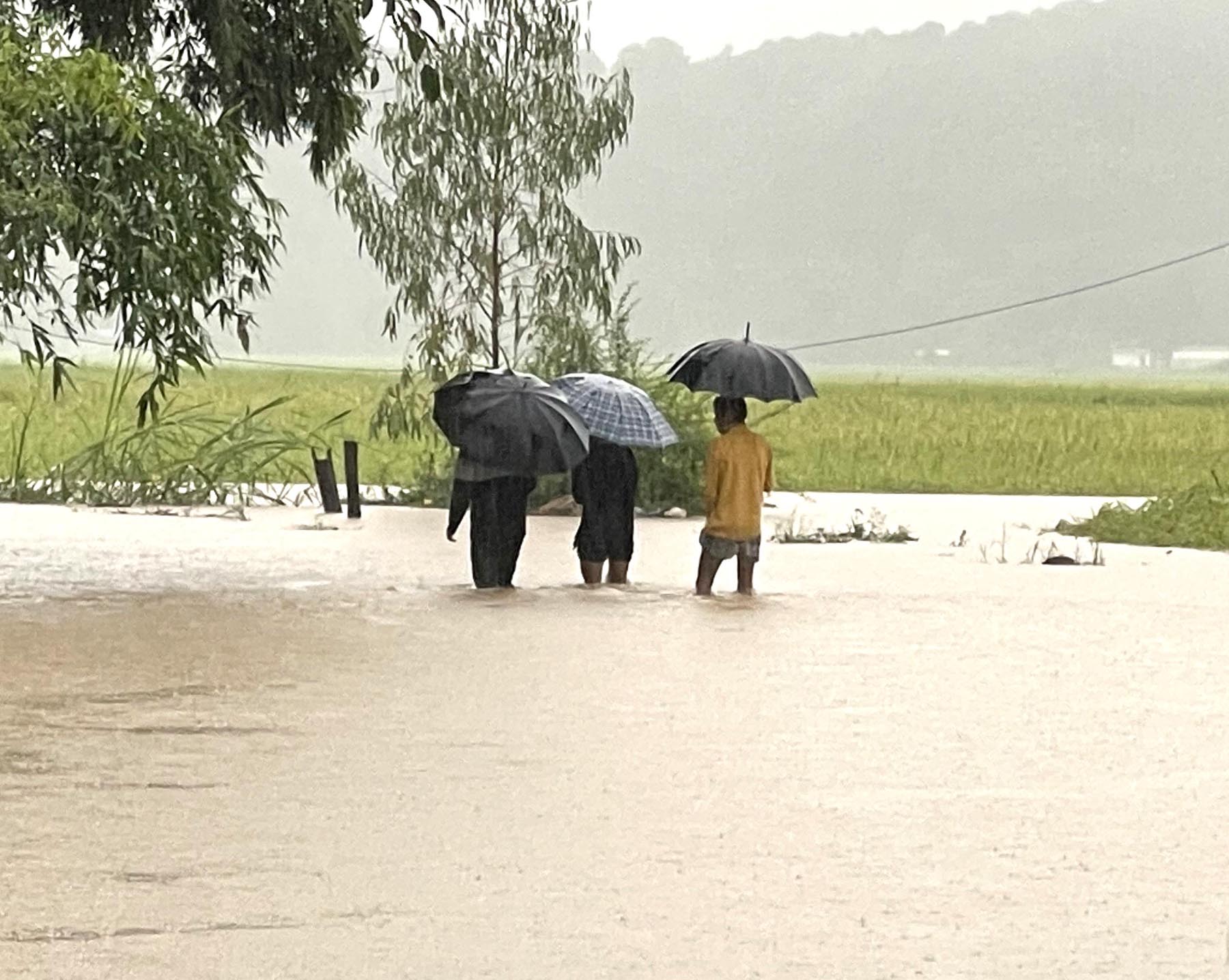 अविरल वर्षाका कारण वीरेन्द्रनगरको तल्लो भागमा डुबान हुन थालेपछि सुरक्षित स्थानमा जाँदै स्थानीय बासिन्दा। तस्बिरः सुरेश आचार्य/रासस