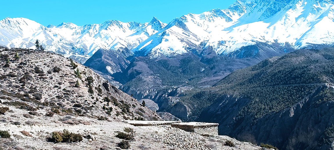 मुस्ताङको घरपझोङ गाउँपालिका–५ ठिनी गाउँ नजिकै समुद्री सतहदेखि करिब ३ हजार ५०० मिटर उचाइमा रहेको बाख्रा गोठ र पृष्ठभूमिमा सेताम्मे हिउँ सहितको तिलिचो हिमशृङ्खला। यहाँका स्थानीयले गोठमा भेडा, बाख्रा र च्याङ्ग्राहरू राख्ने गर्दछन्। तस्बिरः सुशीलबाबु थकाली/रासस