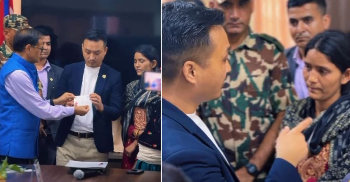 गणेश नेपालीकी श्रीमती एकमाया नेपालीलाई आइतबार नागरिकता प्रमाणपत्र हस्तान्तरण गर्दै गृहमन्त्री सुधन गुरूङ। तस्बिर: सुधन गुरूङको सचिवालय