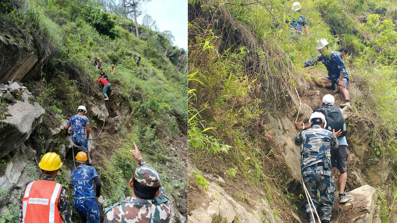 रसुवामा बाढी: अस्थायी बाटो बनाएर सुरक्षित स्थानतर्फ लैजाँदै सुरक्षाकर्मी