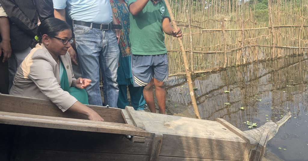 प्रजनन् केन्द्रमा हुर्किएको घडियाल गोही राप्ती नदीमा छाड्दै भरतपुर महानगरपालिकाकी मेयर रेनु दाहाल।