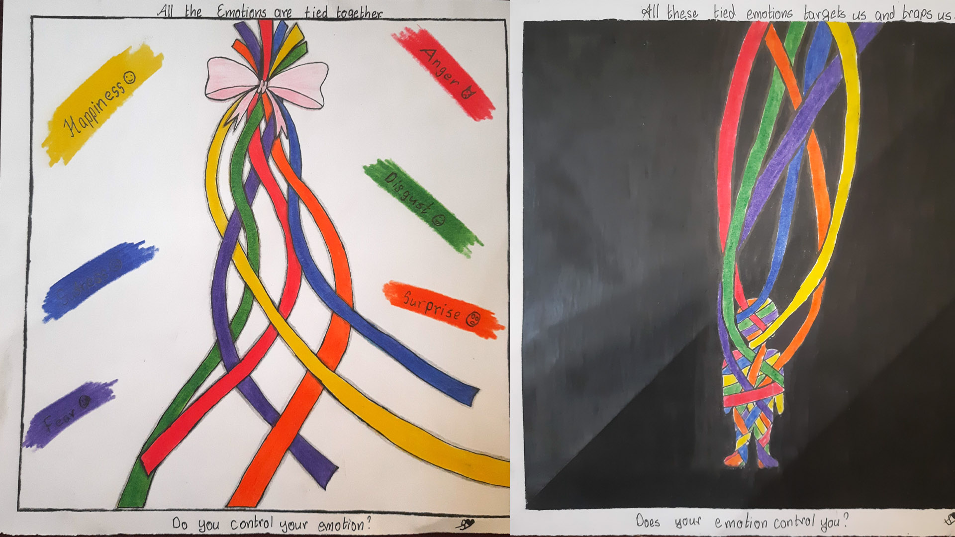 यहाँ दुई वटा पेन्टिङ छन् । दुवै भावना केन्द्रीत हुन् । एउटा भावनालाई नियन्त्रण गरेको वा बाधेको र अर्को भावनाले बाँधिएको । पृष्टभूमि सेतो भएको पेन्टिङ , भावनालाई निन्त्रणमा राखेको हो । पृष्टभूमि कालो भएको पेन्टिङ भावनाले व्यक्तिलाई नियन्त्रणमा राखेको हो ।