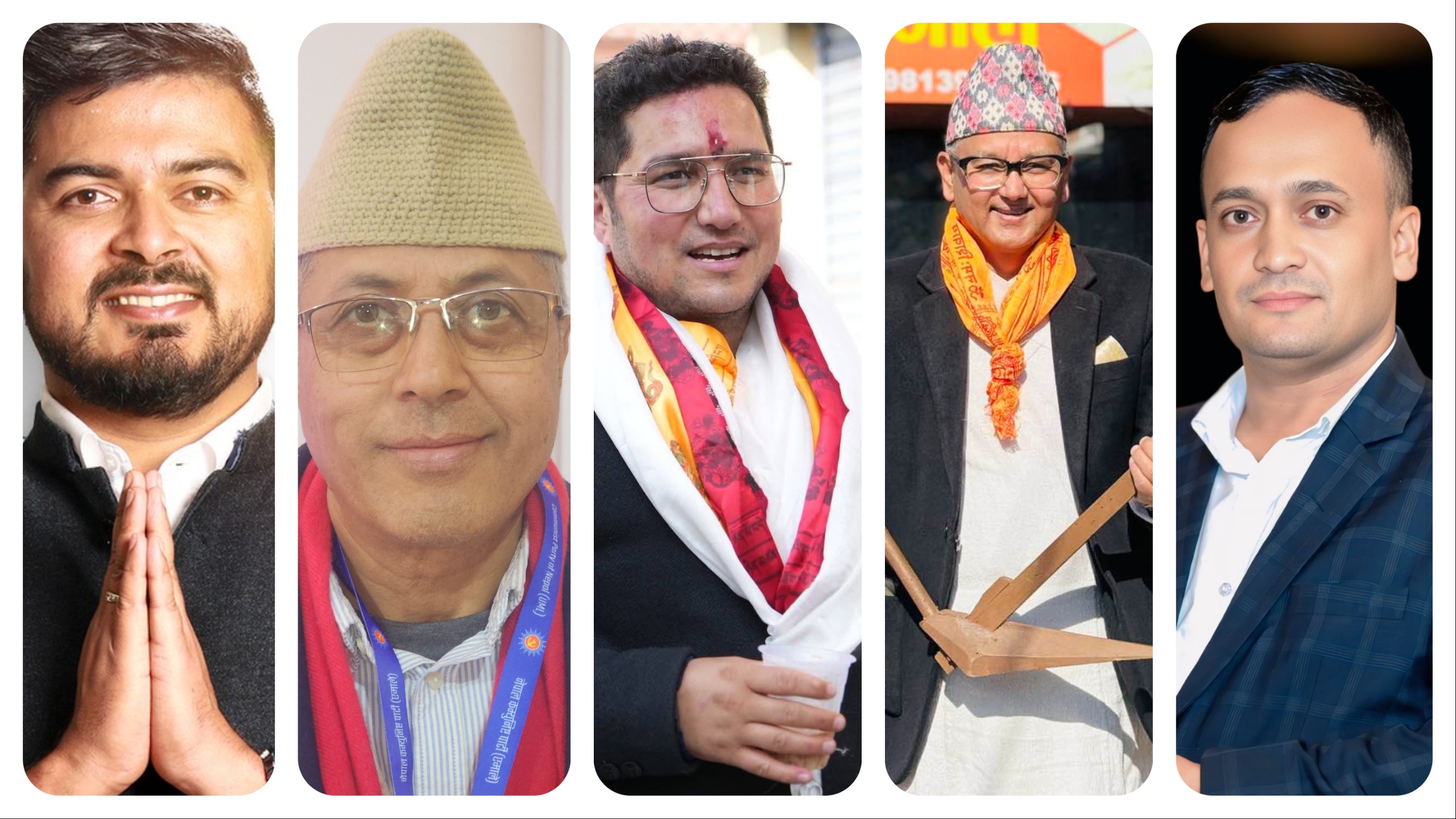 बायाँबाट क्रमश: नेपाली कांग्रेसका सचिन तिमल्सेना, नेकपा एमालेका राजन भट्टराई, रास्वपाका पुकार बम, राप्रपाका सुरेश भण्डारी र नेकपाका इन्द्र भुसाल।