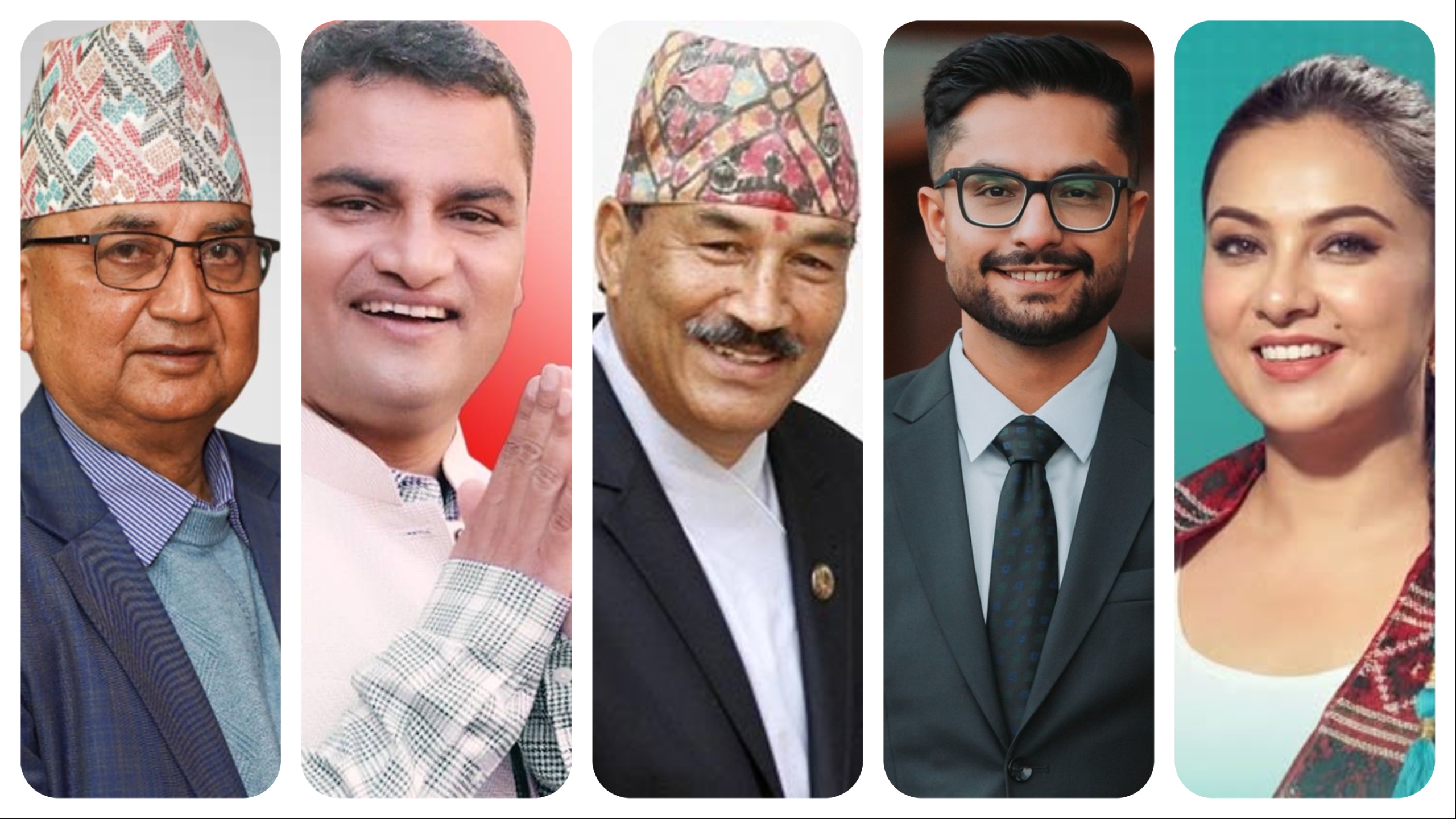 बायाँबाट क्रमश: नेकपा एमालेका ईश्वर पोखरेल, नेपाली कांग्रेसका प्रदीप पौडेल, राप्रपाका कमल थापा, रास्वपाका सस्मित पोखरेल र गतिशील लोकतान्त्रिक पार्टीका निशा अधिकारी।