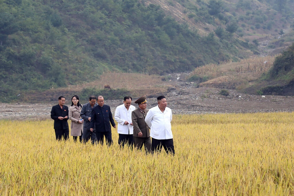 मिति नखुलाइएको यो तस्बिरमा उत्तर कोरियाली नेता किम जोङ उन बाढी प्रभावित क्षेत्रको निरीक्षण गर्दैछन्।