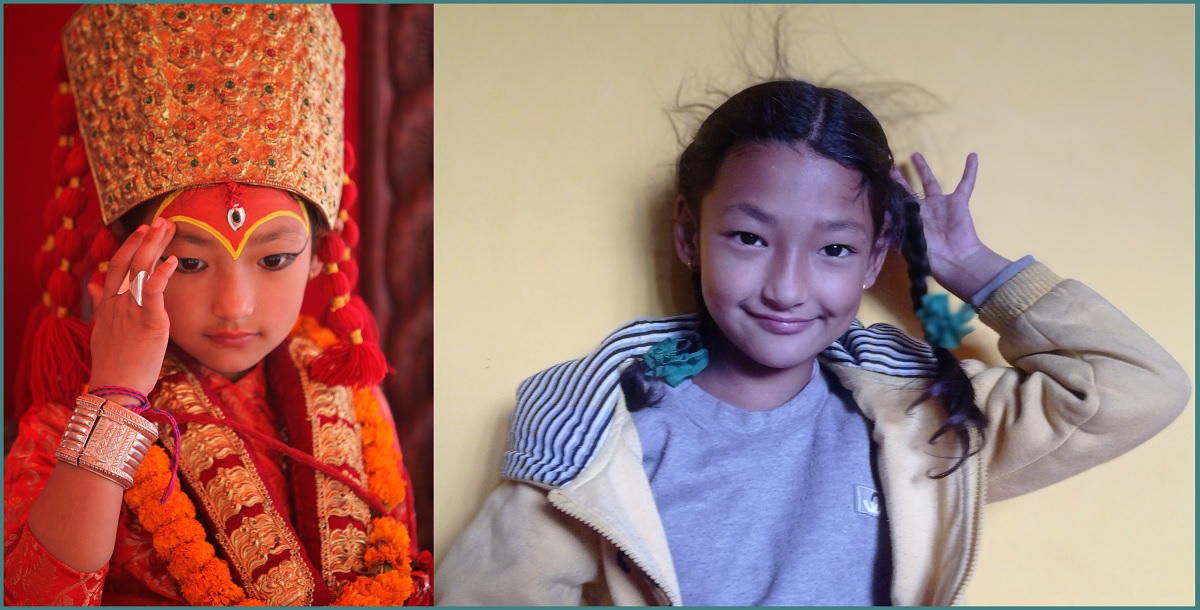 पनौतीकी 'जीवित देवी' कुमारी ८ वर्षीया ओजश्वी घुल्लु कुमारी पहिरनमा बायाँ (तस्बिर: प्रशान्त श्रेष्ठ) र सामान्य पहिरनमा दायाँ (तस्बिरः सबिना श्रेष्ठ/सेतोपाटी)