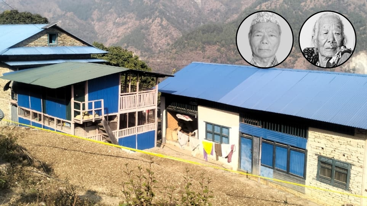 चिशंखुगढी गाउँपालिका-६ स्थित हत्या भएको घर र मृतकहरू ८० वर्षीय चन्द्रविक्रम राई र उनकी श्रीमती चन्द्रमाया राई।