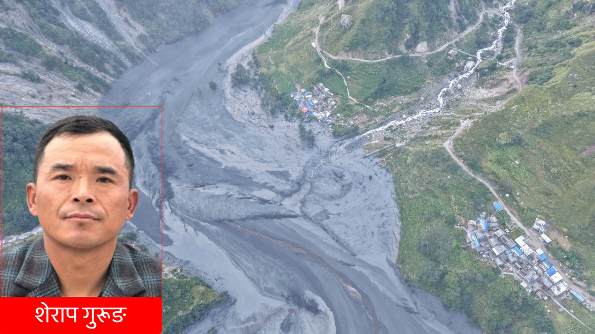 बूढीगण्डकी बाढीले क्षति पुर्‍याएको चुमनुब्री ३ घट्टेखोला क्षेत्र र शेराप गुरूङ।