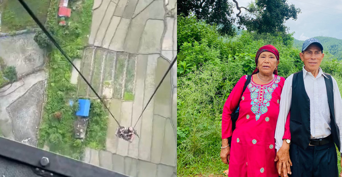 दायाँतर्फ मंगली तामाङ र उनका श्रीमान पाल्देन, बायाँतर्फ त्रिशुली नदीमा फसेका उनीहरूलाई उद्धार गर्दै सेना