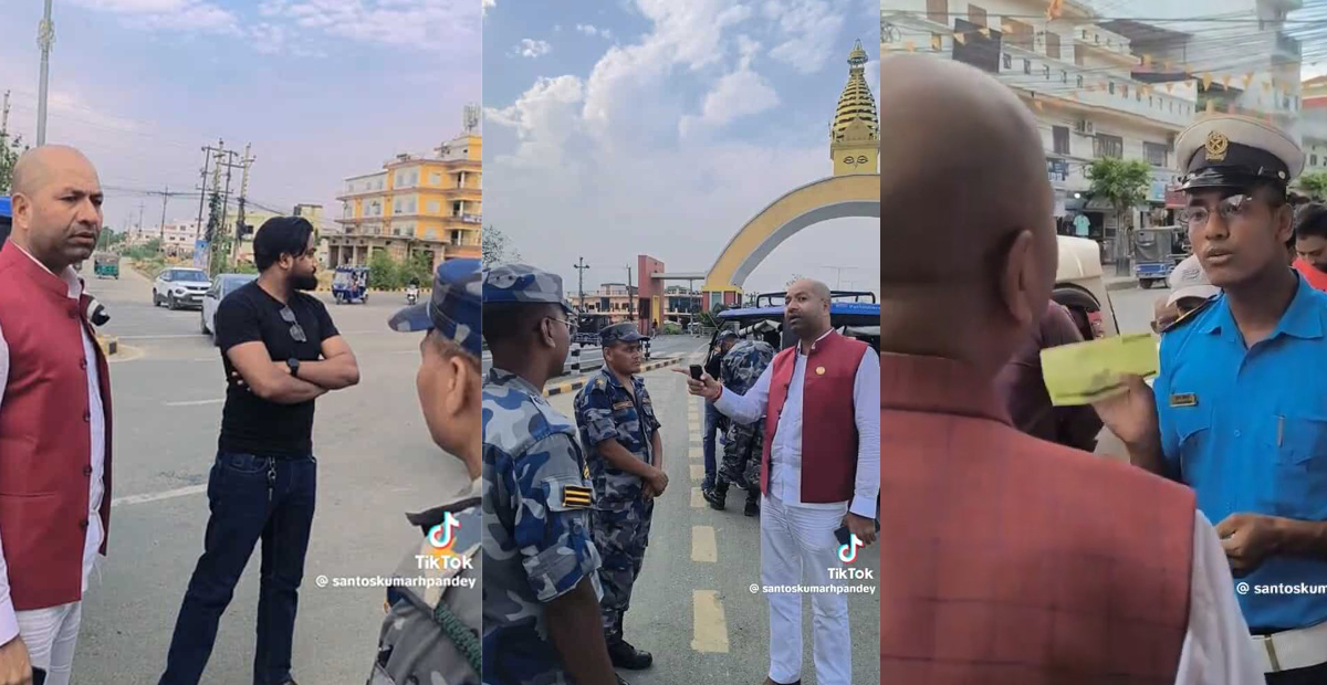 फाइल तस्बिरः  गत असारमा ड्युटीमा खटिएका प्रहरी कर्मचारीप्रति आक्रोशित बनेका लुम्बिनी प्रदेशका युवा तथा खेलकुद मन्त्री सन्तोष पाण्डेय।