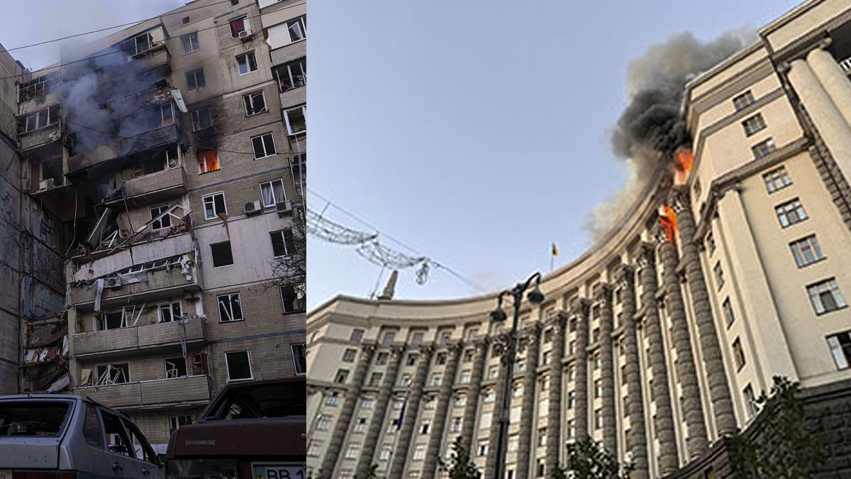 अपार्टमेन्ट र प्रधानमन्त्री तथा मन्त्रिपरिषद कार्यालयमा भएको रूसी हमला। तस्बिरः रासस/एपी।